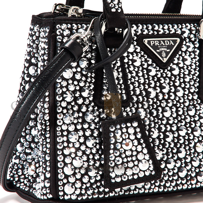 PRADA BLACK SATIN AND CRYSTAL MINI GALLIERA TOTE BAG 1BA906 (20*15*9.5cm) 